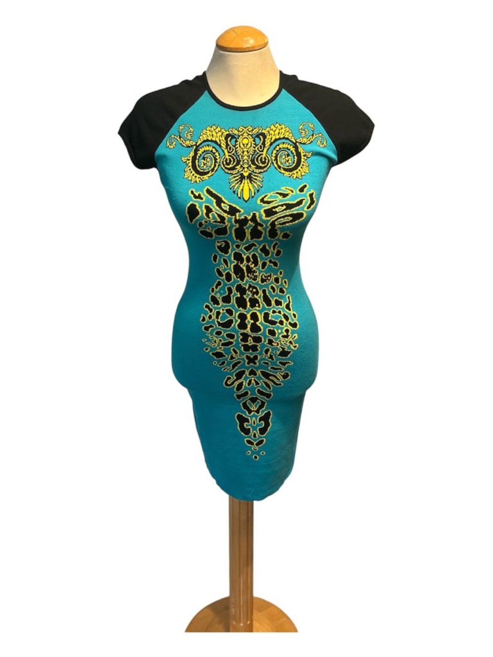VERSACE COLLECTION Turquoise Black Knit Midi Dress IT Sz 40 Sm 6 Abstract Animal